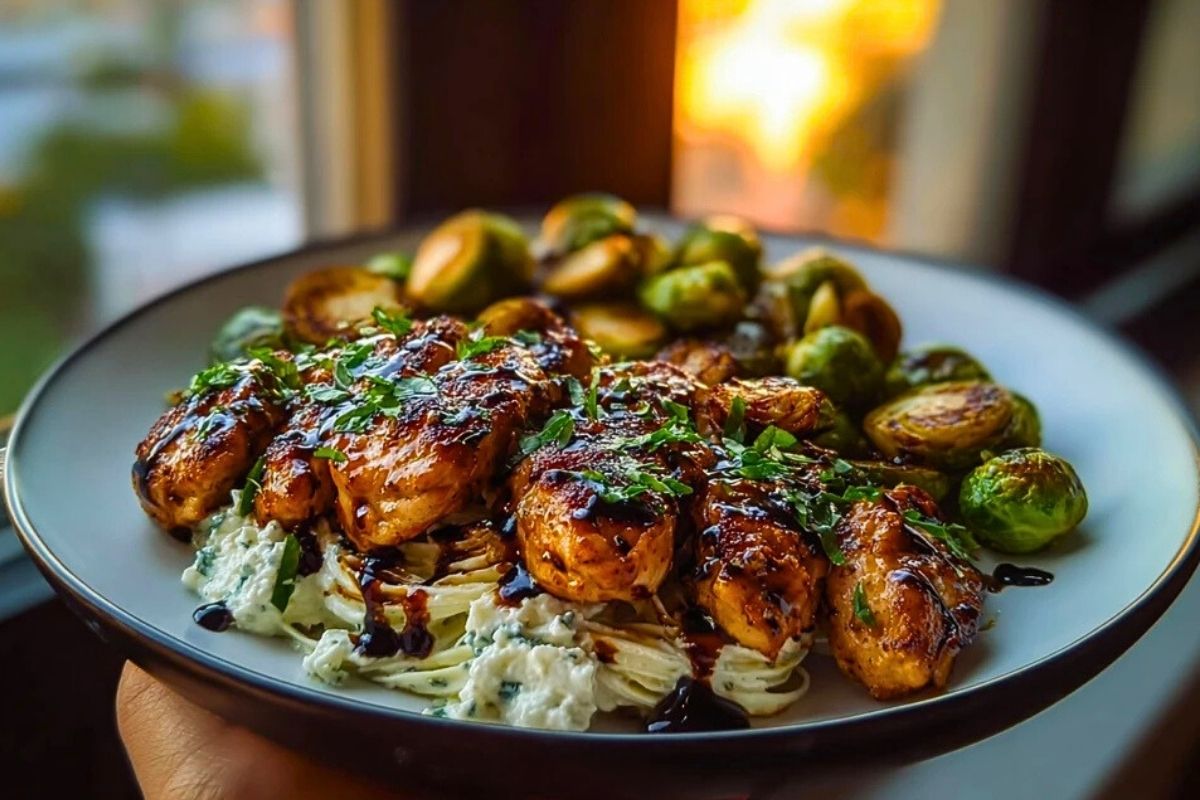 Hot Honey Balsamic Chicken Alfredo with Whipped Feta & Crispy Brussels Chips