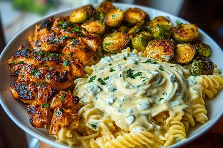 Hot Honey Cajun Chicken Alfredo with Basil Feta Swirl & Crispy Brussels Chips