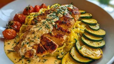 Lemon Dill Chicken Alfredo with Roasted Red Pepper Whipped Feta & Crispy Parmesan Zucchini