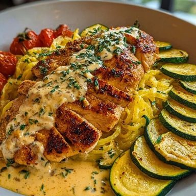 Lemon Dill Chicken Alfredo with Roasted Red Pepper Whipped Feta & Crispy Parmesan Zucchini