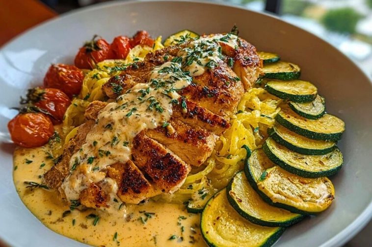 Lemon Dill Chicken Alfredo with Roasted Red Pepper Whipped Feta & Crispy Parmesan Zucchini
