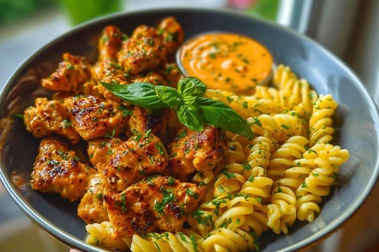 Lemon Pepper Chicken Bites & Roasted Red Pepper Cajun Alfredo Twists 1