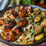 Maple Garlic Chicken Bites with Spicy Cajun Alfredo & Crispy Brussels Twists