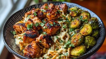 Maple Garlic Chicken Bites with Spicy Cajun Alfredo & Crispy Brussels Twists