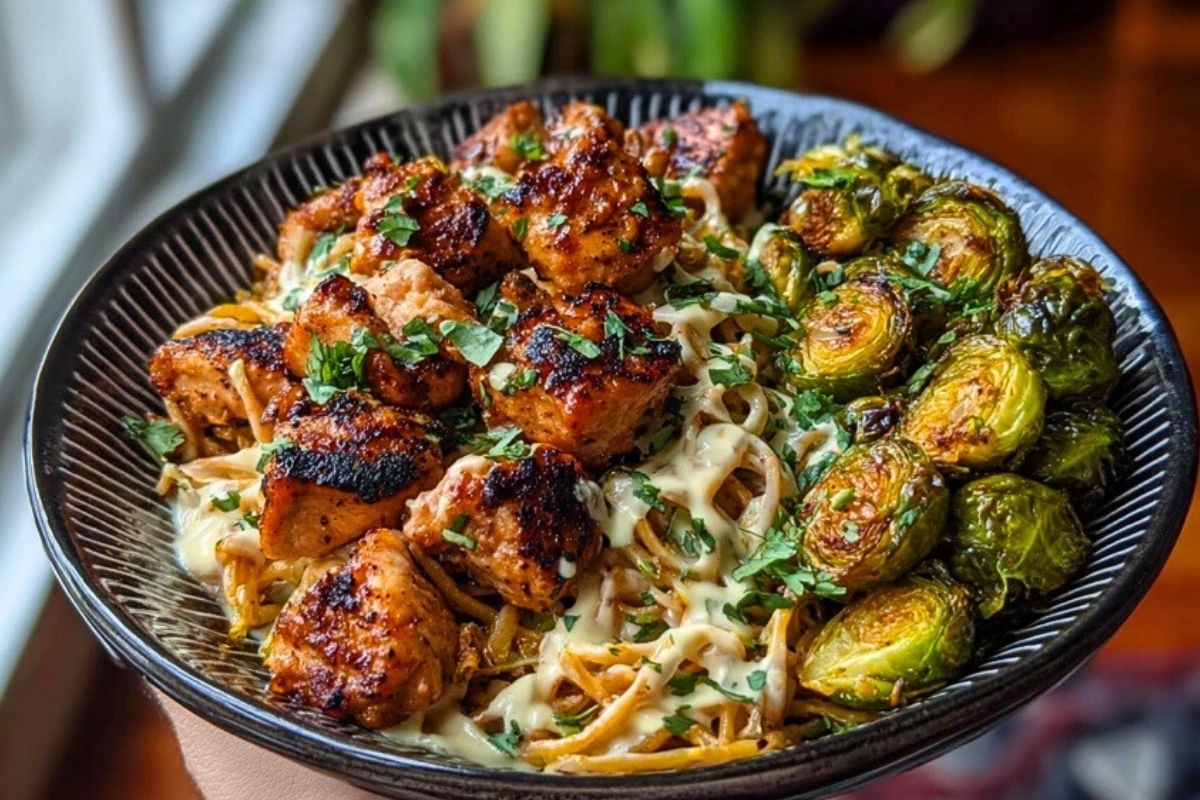 Maple Garlic Chicken Bites with Spicy Cajun Alfredo & Crispy Brussels Twists