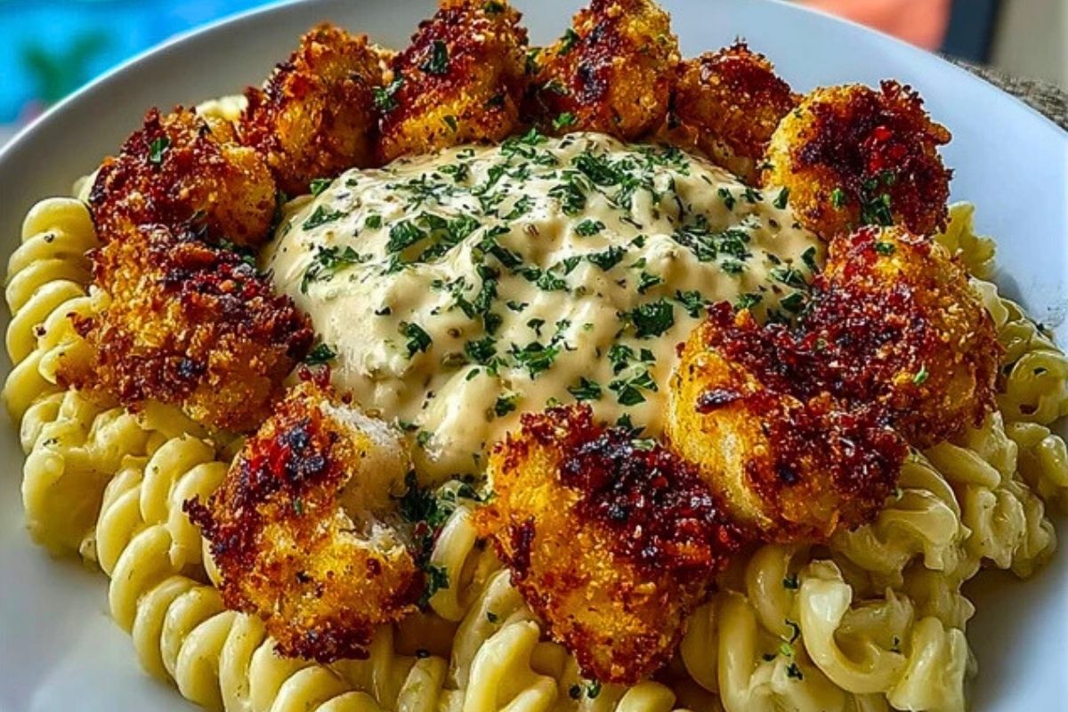 Parmesan Crusted Chicken Bites & Smoked Cajun Alfredo Gemelli