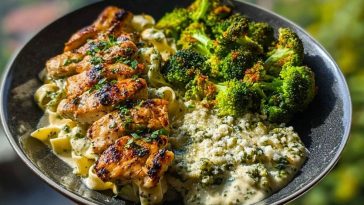 Pesto Chicken Alfredo with Spicy Feta Cream & Parmesan Broccoli Crunch