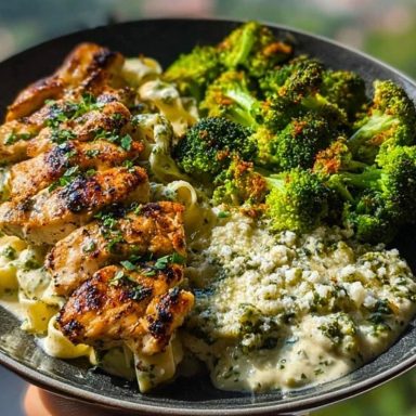 Pesto Chicken Alfredo with Spicy Feta Cream & Parmesan Broccoli Crunch