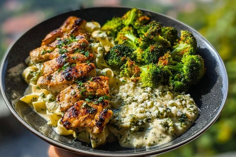 Pesto Chicken Alfredo with Spicy Feta Cream & Parmesan Broccoli Crunch