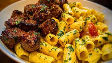 Rigatoni in Garlic Butter Parmesan Cream Sauce with Cajun Steak Tips 1