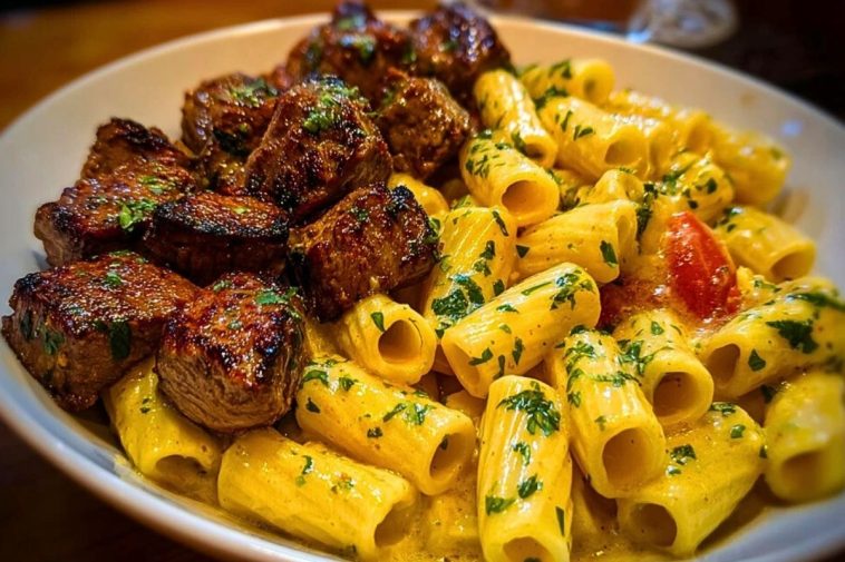 Rigatoni in Garlic Butter Parmesan Cream Sauce with Cajun Steak Tips 1