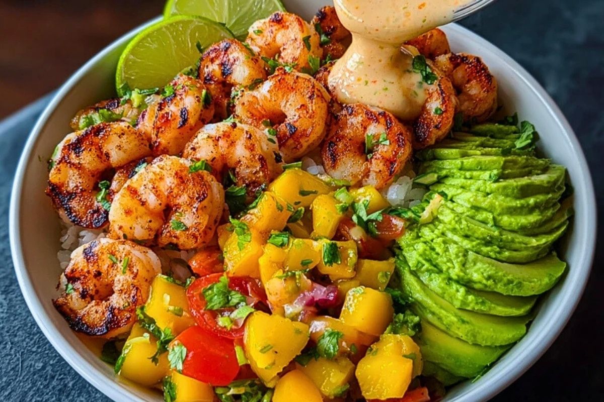 Shrimp and Avocado Bowls with Mango Salsa & Lime-Chili Sauce