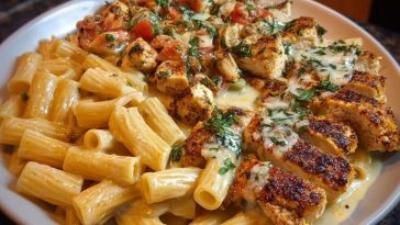 Spicy Cajun Chicken Rigatoni in Creamy Mozzarella Alfredo
