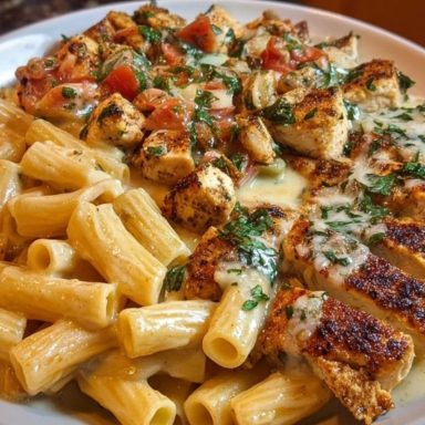 Spicy Cajun Chicken Rigatoni in Creamy Mozzarella Alfredo