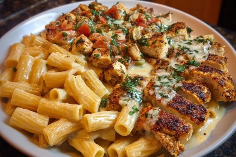 Spicy Cajun Chicken Rigatoni in Creamy Mozzarella Alfredo
