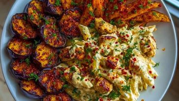 Spicy Whipped Feta Chicken Alfredo with Crispy Eggplant Wedges & Chili Oil Drizzle