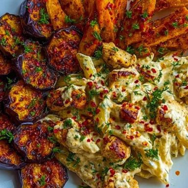 Spicy Whipped Feta Chicken Alfredo with Crispy Eggplant Wedges & Chili Oil Drizzle