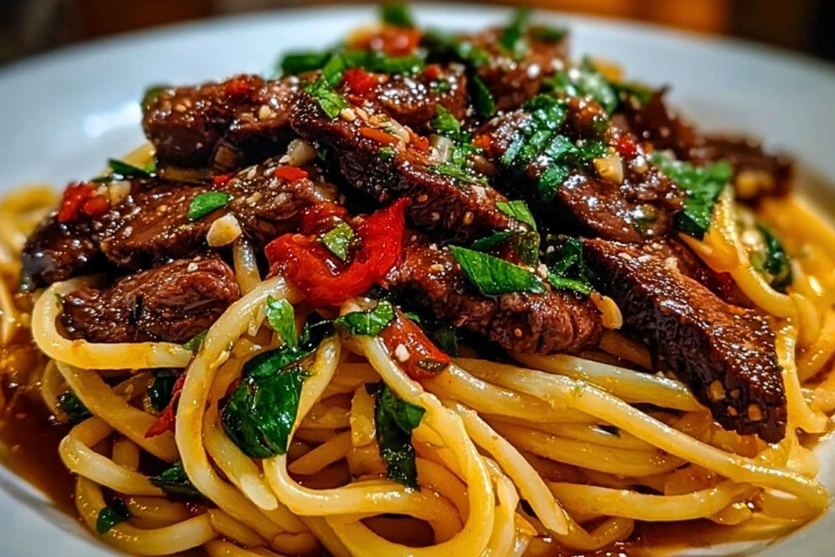 Sweet and Spicy Garlic Steak Pasta