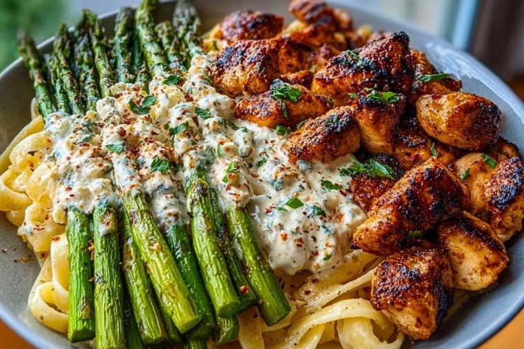 Ultimate Greek Chili Chicken Alfredo Recipe with Smoked Feta Cream & Crispy Parmesan Asparagus 1