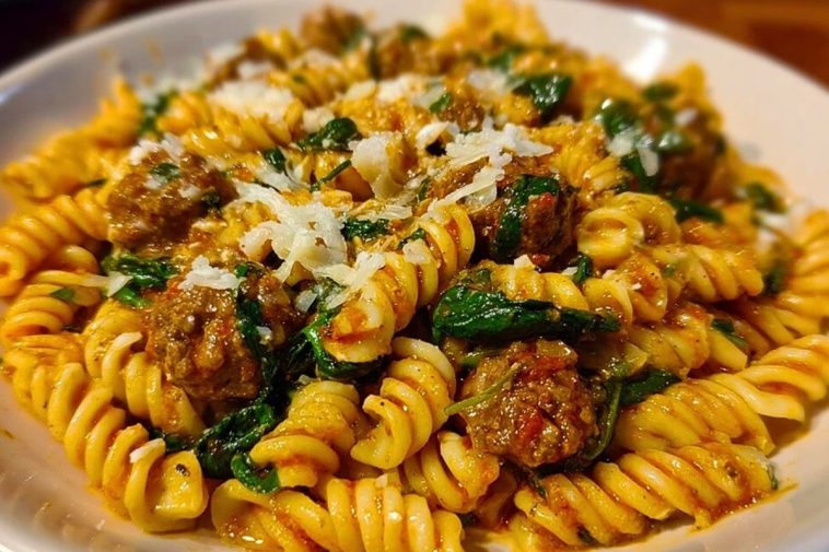 Weeknight Garlic Butter Rotini with Beef, Italian Sausage and Spinach 1