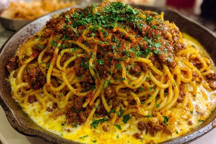 Cajun Beef Spaghetti in Creamy Three-Cheese Parmesan Sauce
