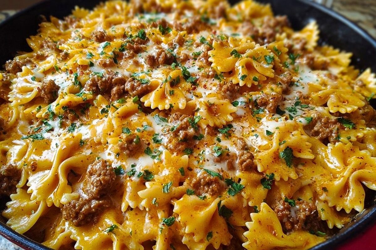 Cajun Cream Cheese Alfredo Bowties with Spiced Ground Beef