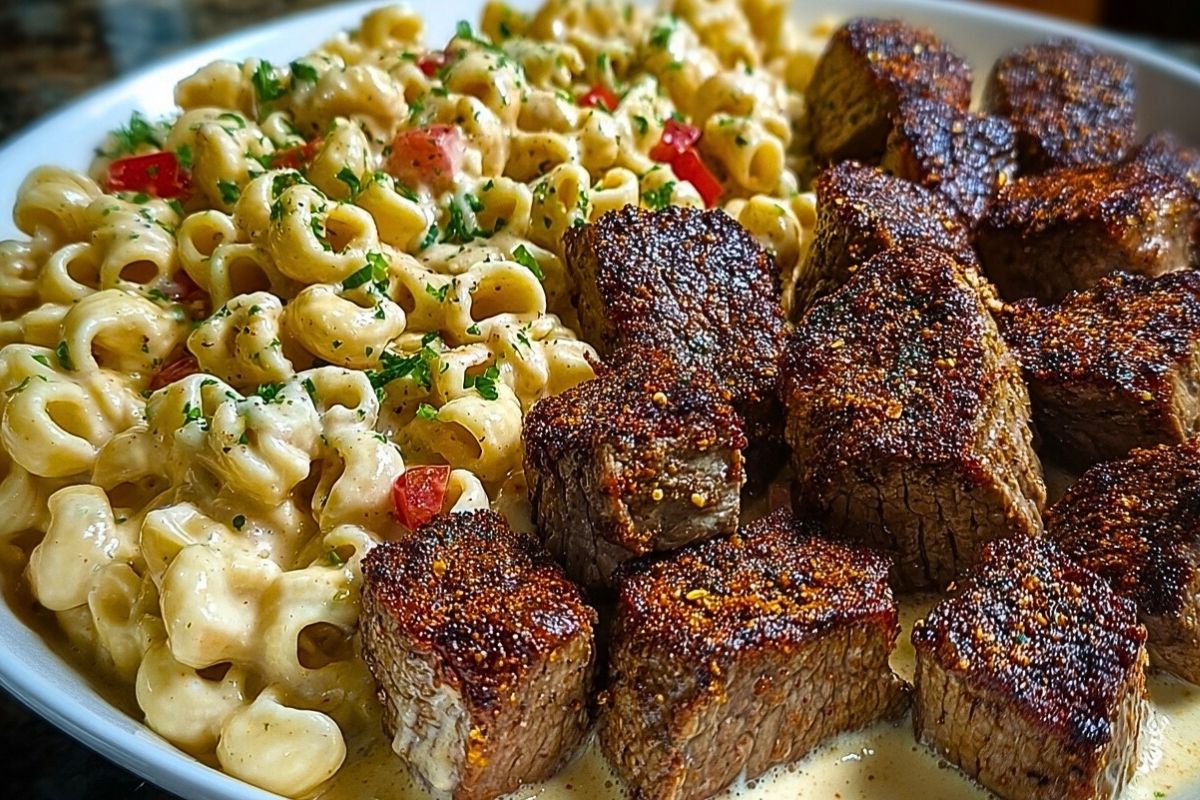 Cajun Steak Bites with Cheesy Garlic Shell Pasta Skillet