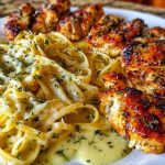 Cheesy Alfredo Linguine with Golden Garlic Butter Chicken in Creamy Sauce
