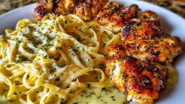 Cheesy Alfredo Linguine with Golden Garlic Butter Chicken in Creamy Sauce