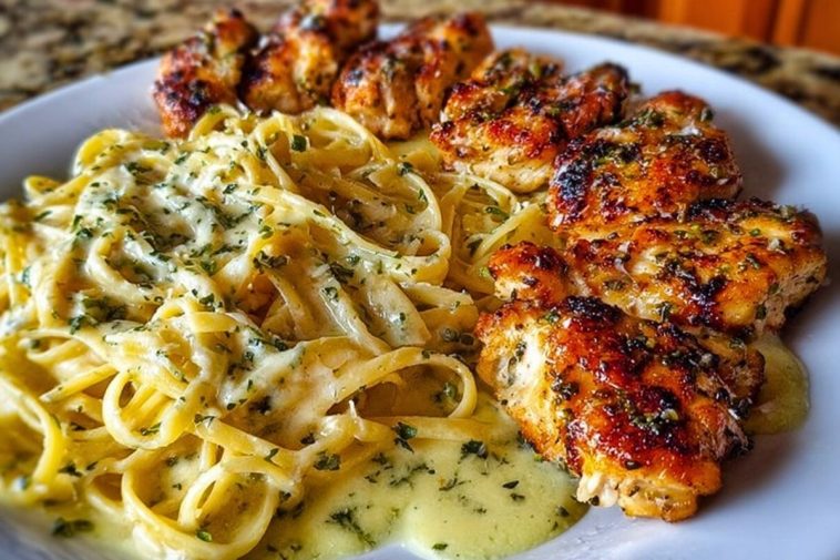 Cheesy Alfredo Linguine with Golden Garlic Butter Chicken in Creamy Sauce