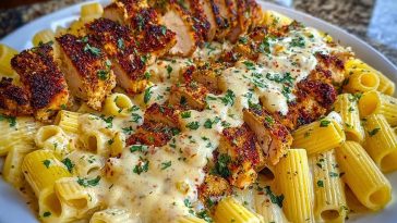 Cheesy Garlic Butter Chicken Bites with Rigatoni in Alfredo Sauce