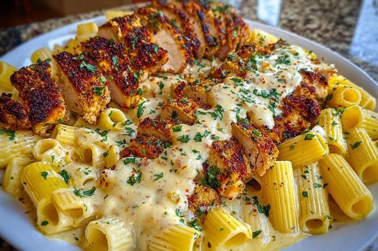 Cheesy Garlic Butter Chicken Bites with Rigatoni in Alfredo Sauce
