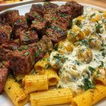 Cheesy Garlic Butter Steak with Rigatoni in Four-Cheese Sauce