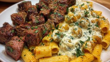 Cheesy Garlic Butter Steak with Rigatoni in Four-Cheese Sauce