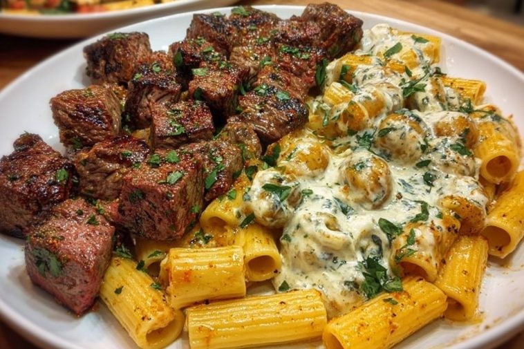 Cheesy Garlic Butter Steak with Rigatoni in Four-Cheese Sauce