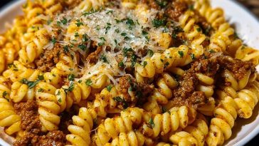 Cheesy Garlic Twisted Pasta with Cajun Ground Beef and Alfredo Velveeta