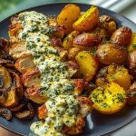 Chestnut Garlic Greek Chicken Alfredo with Sage Potatoes & Mushroom Pesto Cream
