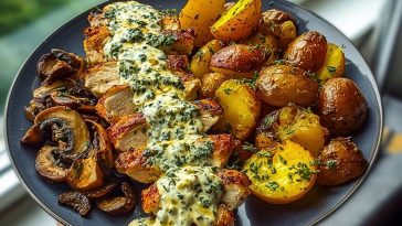 Chestnut Garlic Greek Chicken Alfredo with Sage Potatoes & Mushroom Pesto Cream