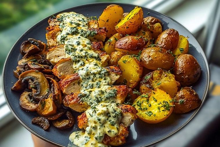 Chestnut Garlic Greek Chicken Alfredo with Sage Potatoes & Mushroom Pesto Cream
