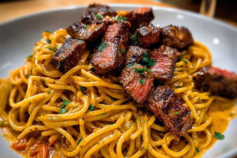 Creamy Cajun Garlic Butter Spaghetti with Beef Strips