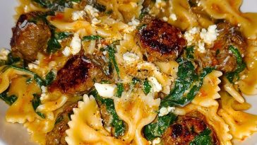 Creamy Garlic Butter Beef Bowtie Pasta with Italian Sausage & Spinach