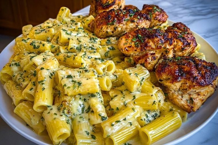 Creamy Garlic Parmesan Chicken with Cheesy Penne Pasta