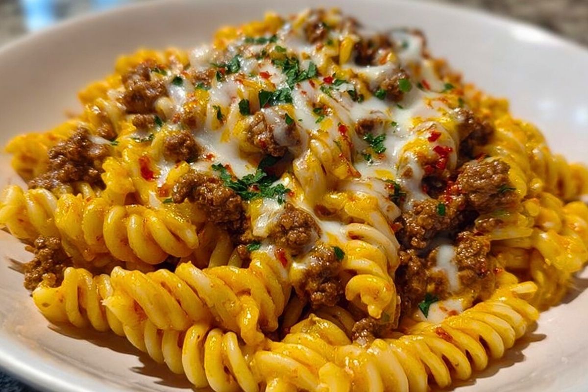 Creamy Mozzarella Rotini with Spicy Cajun Beef and Velveeta Sauce
