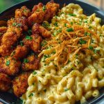 Garlic Butter Chicken Bites & Cajun Alfredo Mac with Crispy Onion Topping