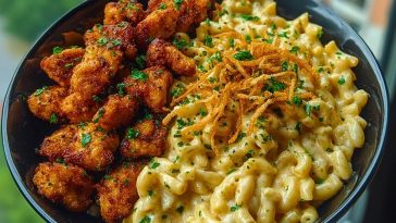 Garlic Butter Chicken Bites & Cajun Alfredo Mac with Crispy Onion Topping