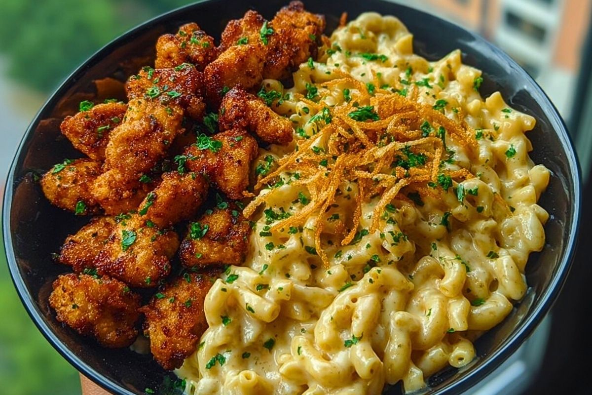 Garlic Butter Chicken Bites & Cajun Alfredo Mac with Crispy Onion Topping