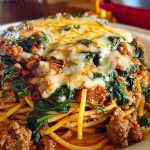 Garlic Butter Spaghetti with Cheesy Italian Sausage and Spinach