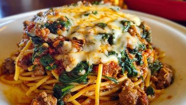 Garlic Butter Spaghetti with Cheesy Italian Sausage and Spinach