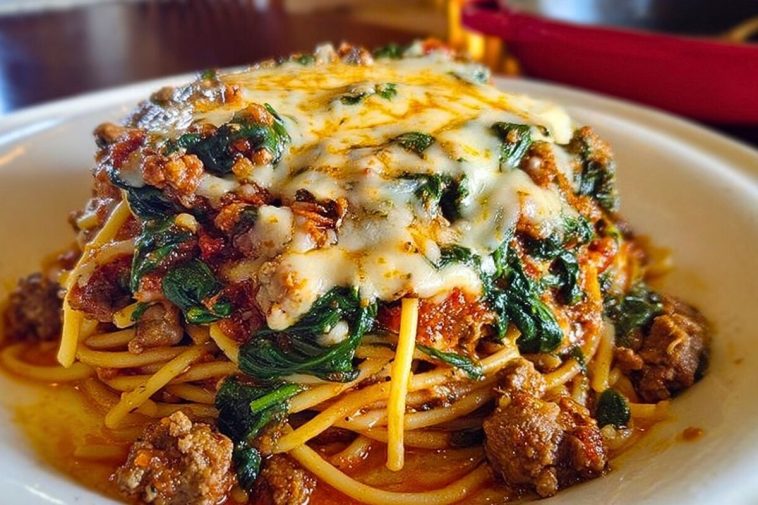 Garlic Butter Spaghetti with Cheesy Italian Sausage and Spinach