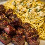 Garlic Butter Steak with Cheesy Linguine in Four-Cheese Sauce